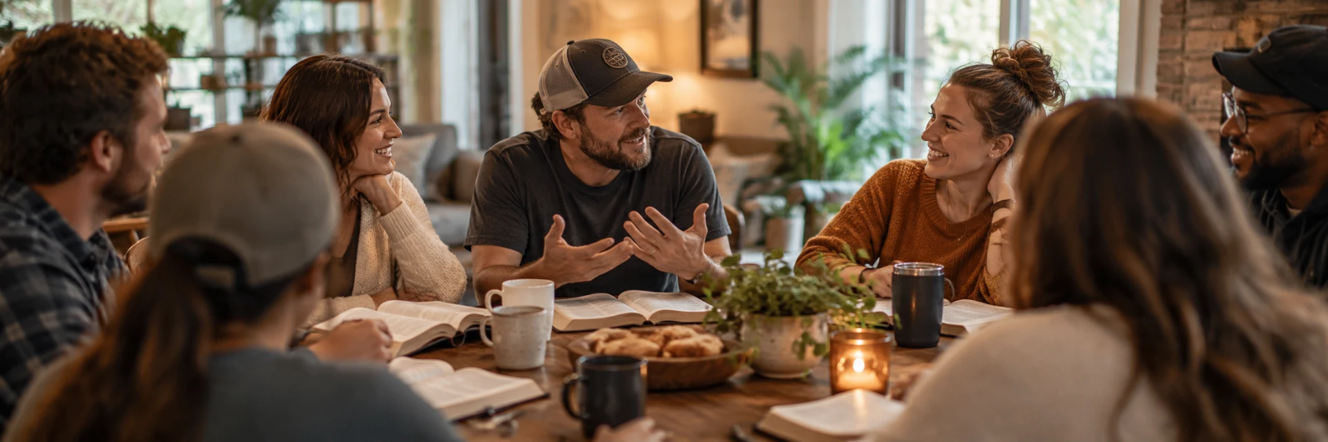 A group in warm conversation around a table with open Bibles