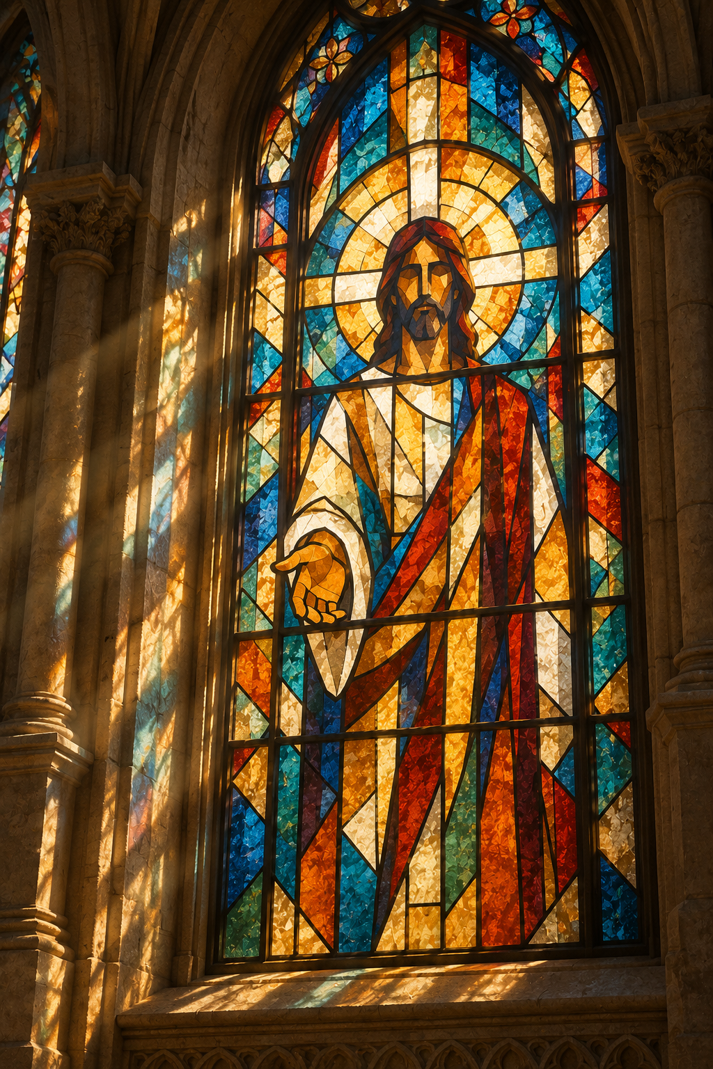 Stained glass window depicting Christ in a gothic cathedral
