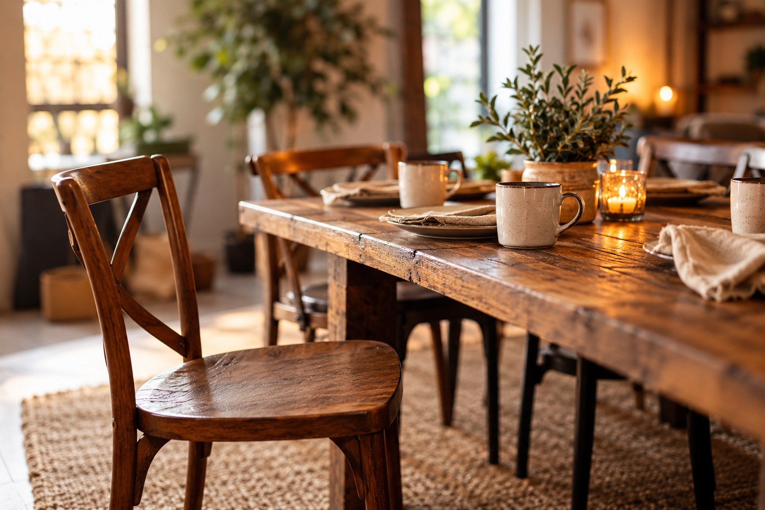 A warm table set for dinner with an empty chair waiting