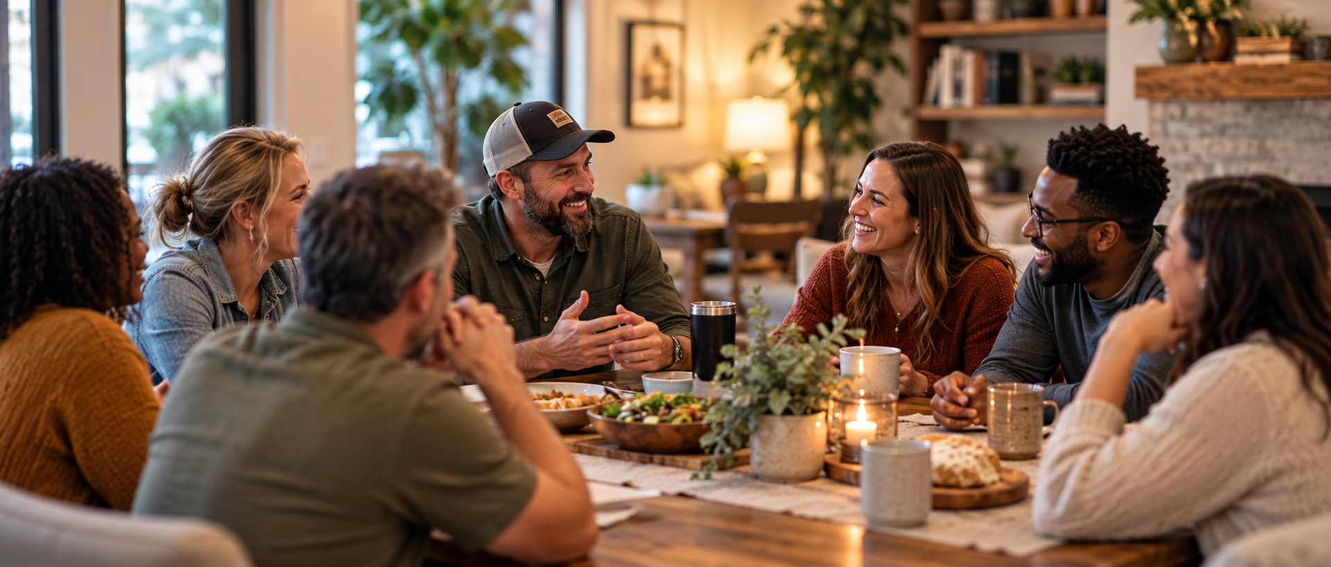 A warm community dinner with people in conversation around a shared table